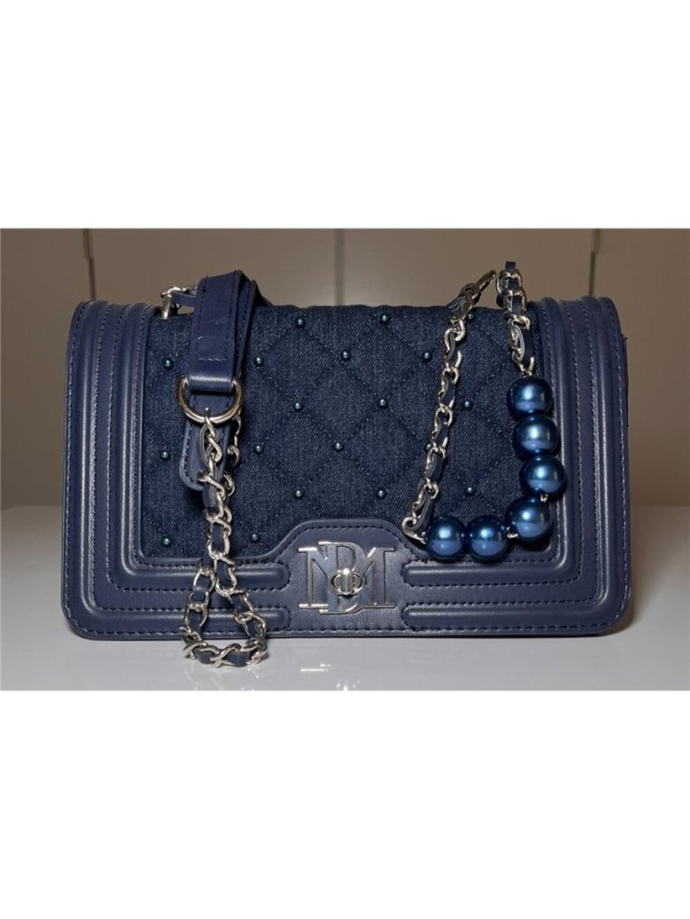 Badgley Mischka Navy Quilted Denim Crossbody Bag Blue Pearl Beads New